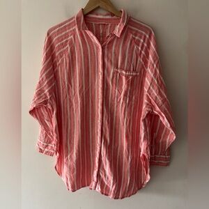 Aerie Linen Blend Coverup Shirt Pink and White Stripe Button Down